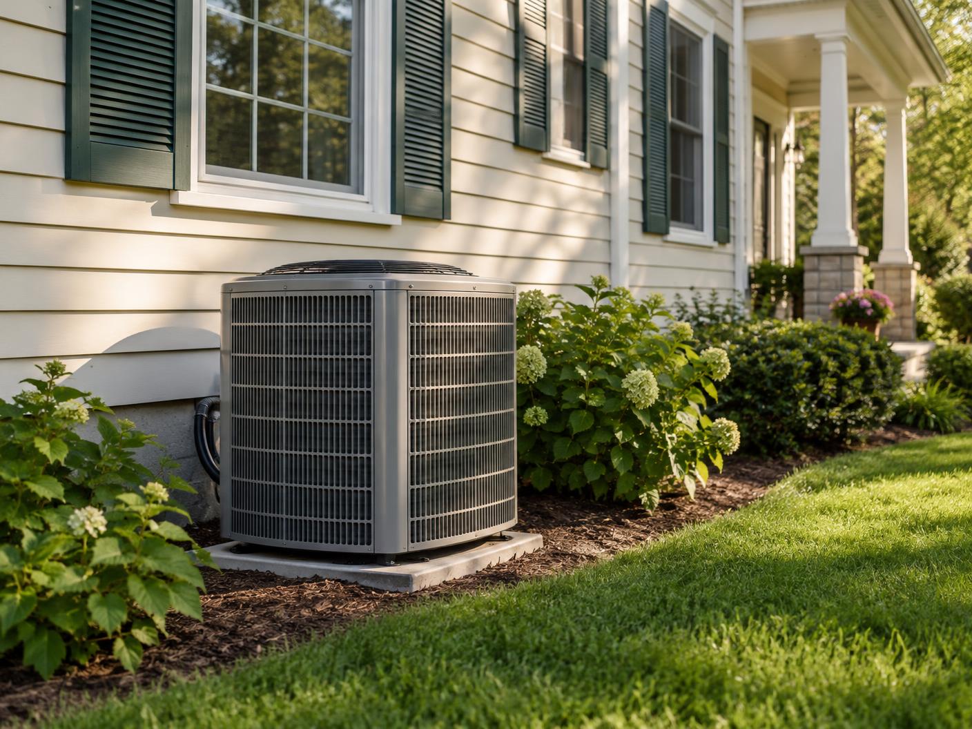 Illustrative photo of an outdoor air-conditioning unit beside a cream-sided Michigan home