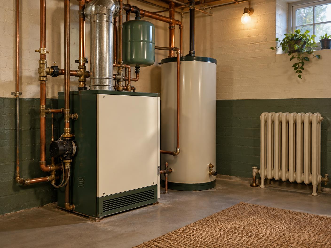 Illustrative photo of a residential boiler with copper piping and a cast-iron radiator in a basement