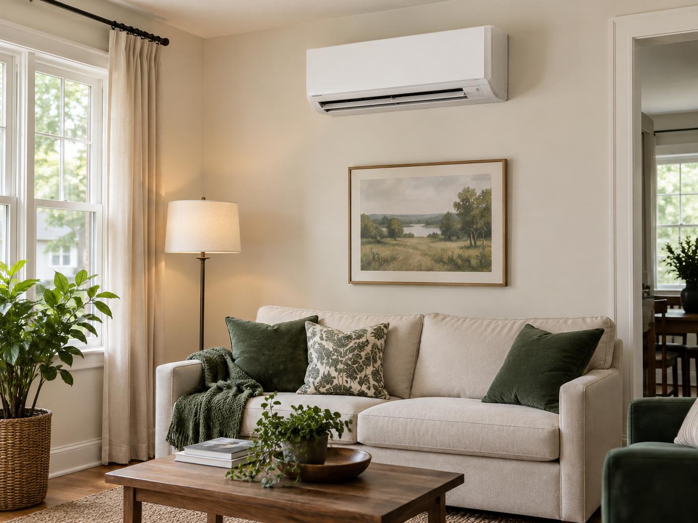 Illustrative photo of a ductless mini-split indoor unit mounted on a living-room wall