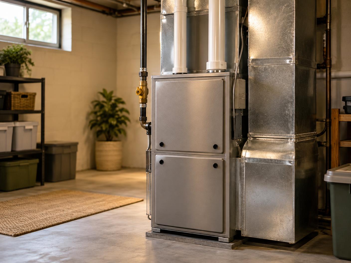 Illustrative photo of a modern residential gas furnace with ductwork in a clean basement utility room