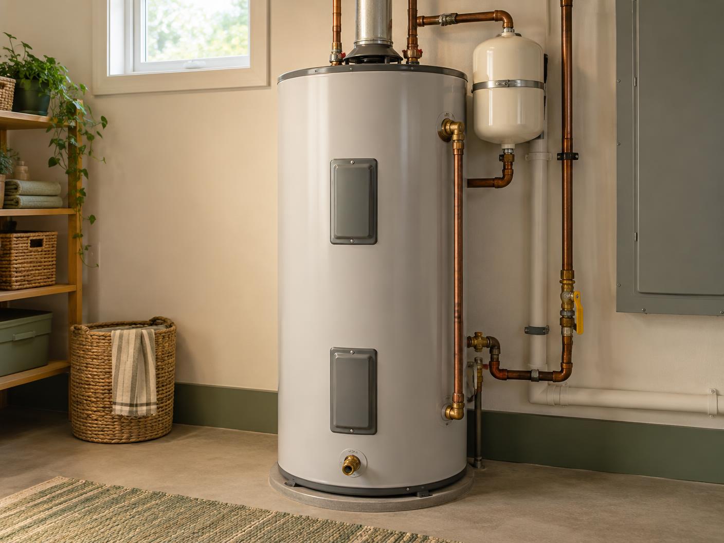 Illustrative photo of a residential water heater with copper plumbing in a tidy utility room